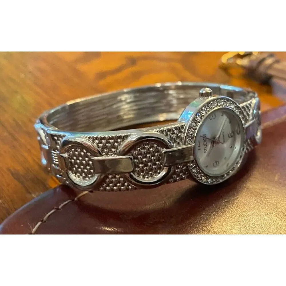 Women's 24mm silver Tone Studio Time Bangle Bracelet Watch, Crystal Accents